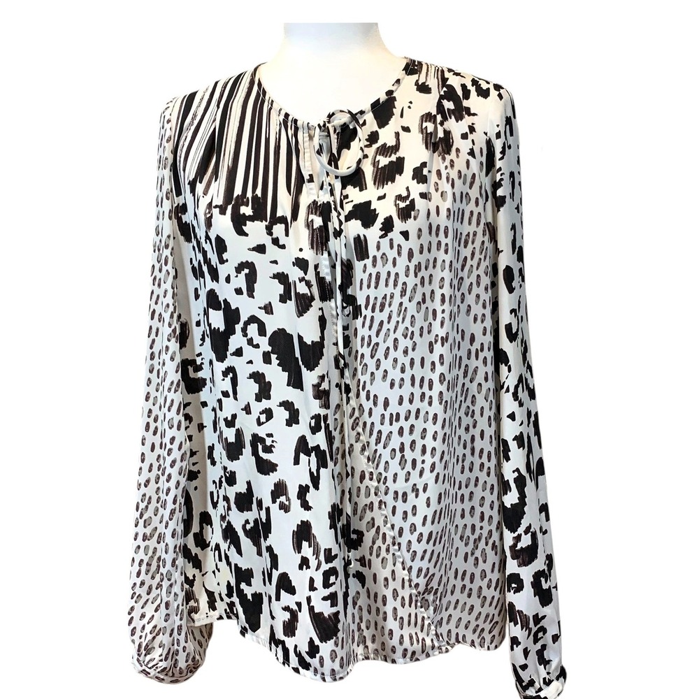 Cabi Mixed Animal Print Blouse M Brown Ivory Tie Neck Quiet Luxury Workwear Euro